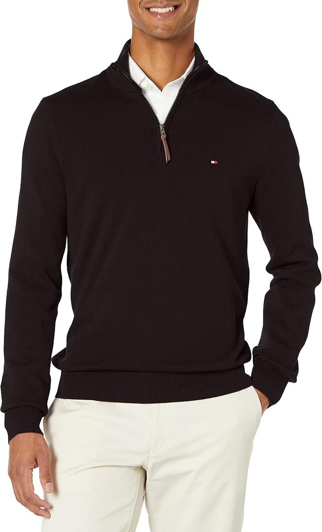 Tommy Hilfiger Men's Long Sleeve Cotton Quarter Zip Pullover Sweater (X-Large, Th Deep Black)