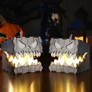 2 Pcs Halloween Table Decorations Indoor Haunted House Wooden Lighted Pumpkin Box Halloween Tiered Tray Decor Rustic Farmhouse Pumpkin Centerpieces for Home Shelf Desk Mantel Tabletop Party Decor