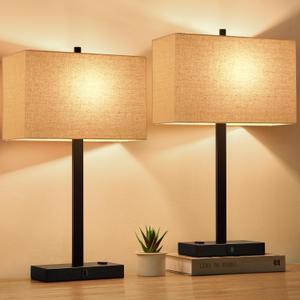 UpgradedSet of 2 Bedside Touch Control Table Lamp with USB A+C Charging Ports & AC Outlet, 3-Way Dimmable Nightstand Lamp with Fabric Shade for Bedroom Living Room, 2700K LED Bulbs Included (Beige Linen & Matte Black(Base)-Two 2700K Bulbs Included)