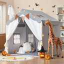 besrey Kids Tent, Kids Play Tent 2 in 1 with Padded Mat and Lights, Large Playhouse with 2 Doors & 4 Windows, Indoor & Outdoor, Halloween Toddler Playhouse, 51" x35" x 51" (Gray)