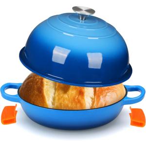 LIFERUN 6qt Enameled Cast Iron Dutch Oven for Sourdough Bread Baking, Non-Stick Dome-Shaped Bread Oven Pot with Lid, Silicone Handles and Scraper, Blue
