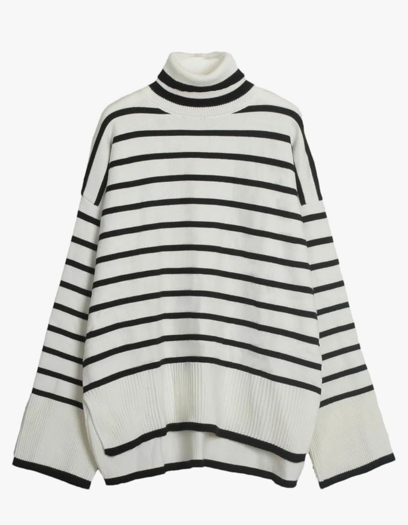 Women Basic Turtleneck Sweater Split Striped Pullovers Long Casual Tops Large