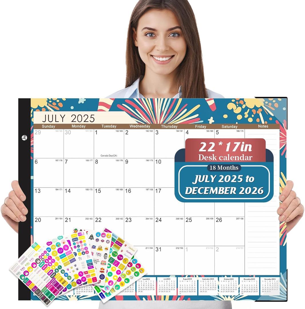 Gannyfer Desk Calendar 2025-2026, Large 22"x17" Monthly Calendar, July 2025 - Dec 2026, 18 Month Yearly Desktop Pad Calendar,Office Supplies Perfect for Home, School or Office(6 Stickers Included) (Blue)