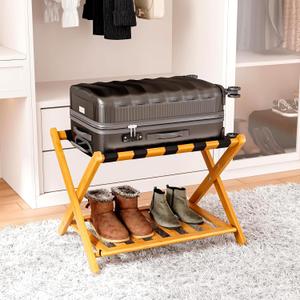 Fully Assembled Bamboo Luggage Racks, Foldable Suitcase Stand with 5 Nylon Straps, Luggage Stand with Shoe Shelf Ideal for Guest Room, Bedroom, Hotel, Honey Oak