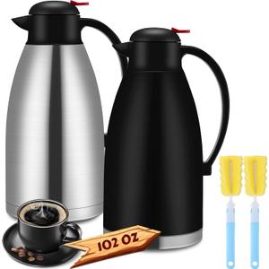 Nuogo 2 Pcs 102 oz Thermal Coffee Carafe Insulated Stainless Steel Carafe Double Walled Vacuum Coffee Thermal Pot with Brush for Home Office Use Keep 24 Hours Hot Water Tea(Silver, Black)