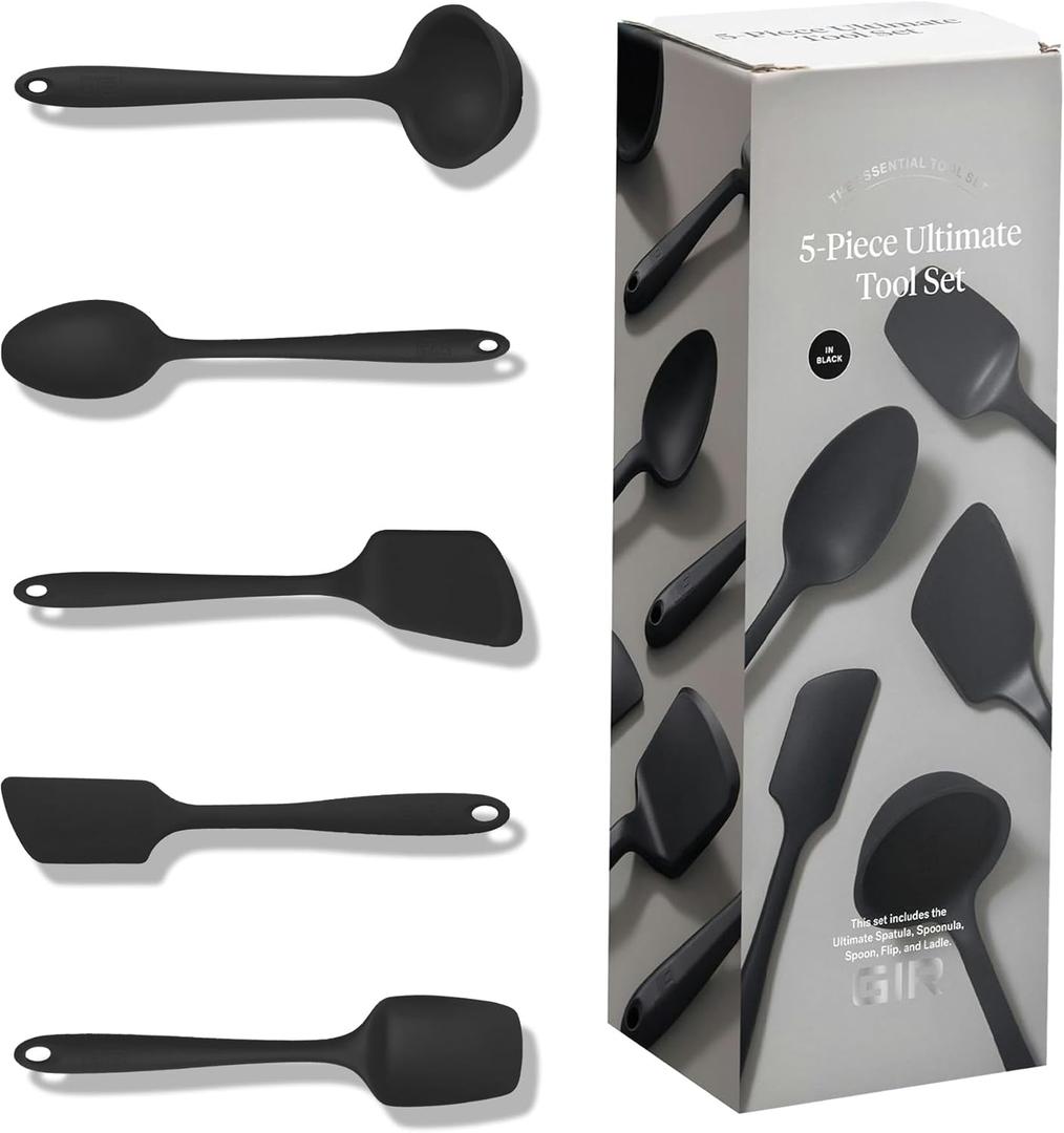 GIR: Get It Right 5-Piece Silicone Ultimate Kitchen Utensils Set - Ladle, Spatula, Flip, Spoon & Spoonula - Non-Toxic Cooking Utensils for Nonstick Cookware, Cooking and Baking - Black