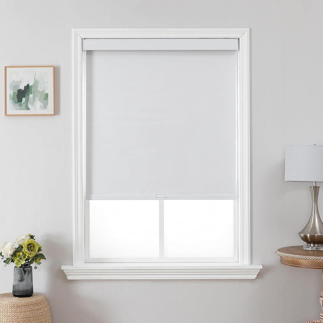 Joydeco 100% Blackout Roller Shades Cordless Blinds for Windows, Free-Stop Shades, UV Protection, Natural Woven Blinds for Home and Office, Light-Proof Aluminum Cover (White, 45" W x 75" H)