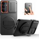 SURITCH for Samsung Galaxy S25 FE Case with 360 Rotatable Hand Strap Phone Grip & Invisible Kickstand & Slide Camera Cover, Rugged Shockproof Protective Cover for S25 FE -Black