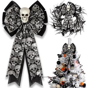 Skull Gothic Decor,Halloween Bows for Wreaths Decorations, Halloween Tree Topper Bow, Decorative Bow with Skull Glitter Silver Black Burlap for Fall Home Front Door Outdoor