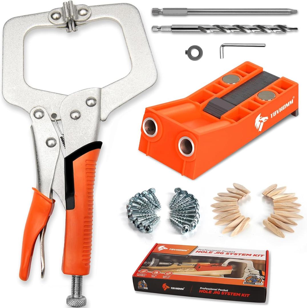 Pocket Hole Jig System Kit, Pocket Screw Jig with 11 Inch Clamp, Square Driver Bit, Hex Wrench, Depth Stop Collar, Step Drill Bit, Coarse Square Driver Screws, All In One for Joinery Work