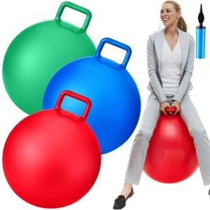 Lewtemi 3 Pcs 15 Inch Bouncing Ball with Handle, Outdoors Hopper Jumping Hopping Ball and Air Pump for Sports Exercise (Red, Blue, Green)