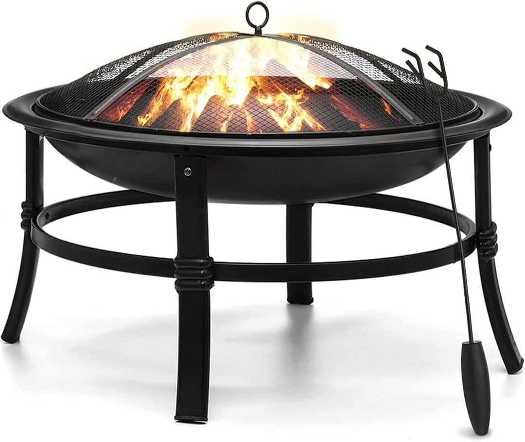 SINGLYFIRE 26 Inch Fire Pit for Outside Outdoor Wood Burning Firepit Bowl Heavy Duty Bonfire Pit Steel Firepit for Patio Backyard Camping Deck Picnic Porch with Spark Screen, Log Grate, Poker