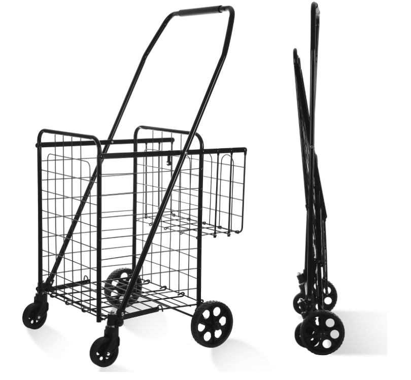 BIEAMA Folding Shopping Cart, Grocery Cart, 200 Lb Capacity, Utility Cart with 360° Rolling Swivel Wheels, Medium & Extra Basket