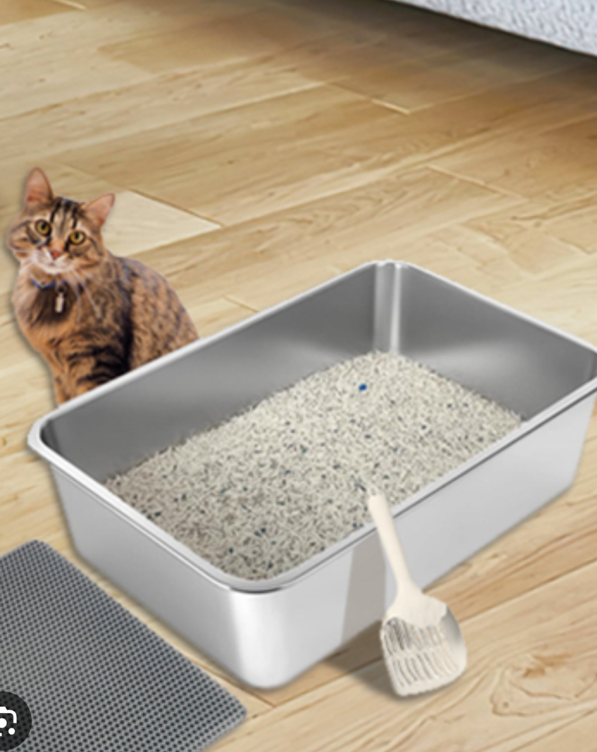 UWANGPET Stainless Steel Cat Litter Box,Odour Proof Litter Pan, Non-Stick, Easy to Clean, Rust Resistant, Non-Slip Rubber Feet
