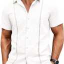 Runcati Mens Short Sleeve Guayabera Shirts Cuban Button Down Casual Shirt (L)