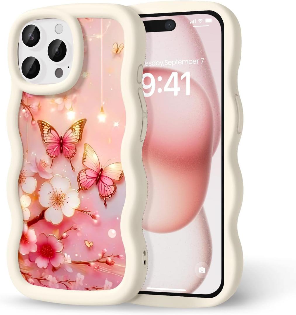 Compatible with iPhone 15 Pro Case for Women Girls, Curly Wavy Frame with Cute Pattern, Aesthetic Slim Soft Silicone TPU Bumper Shockproof Phone Case for iPhone 15 Pro - Cherry Butterfly
