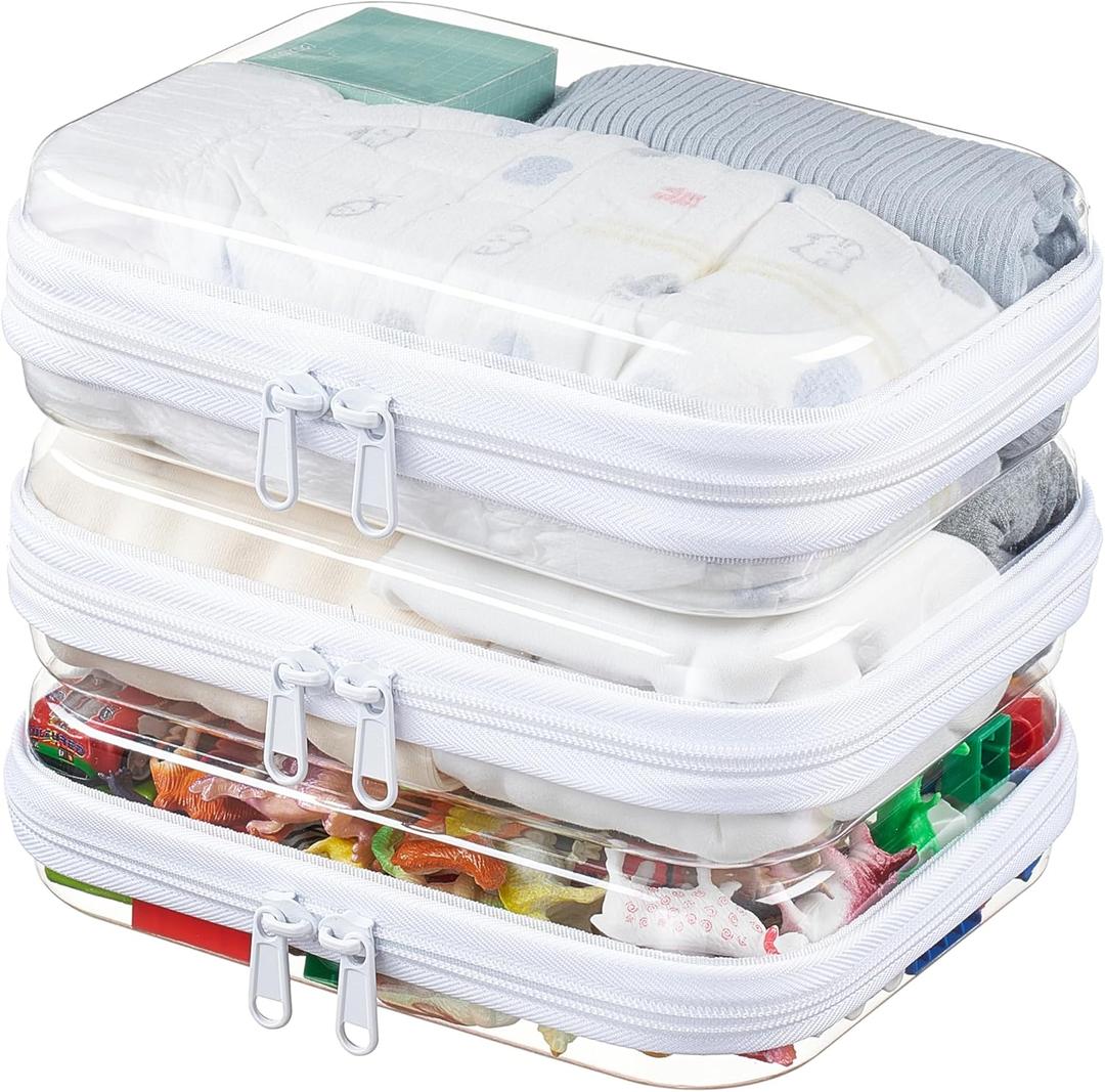 3-Pack Medium Clear Hard Shell Zipper Pouches, Clear Zipper Bags, Hard Case Pouches for Purse & Diaper Bag Organizer,and Travel Essentials (3M (White)