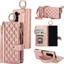 KIHUWEY for Galaxy Z Fold 6 Wallet Case with Card Holder Premium Leather Magnetic RFID Blocking Shockproof Zipper Wrist Strap Lanyard Cover for Samsung Galaxy Z Fold 6 7.6 Inch (Rose Gold)