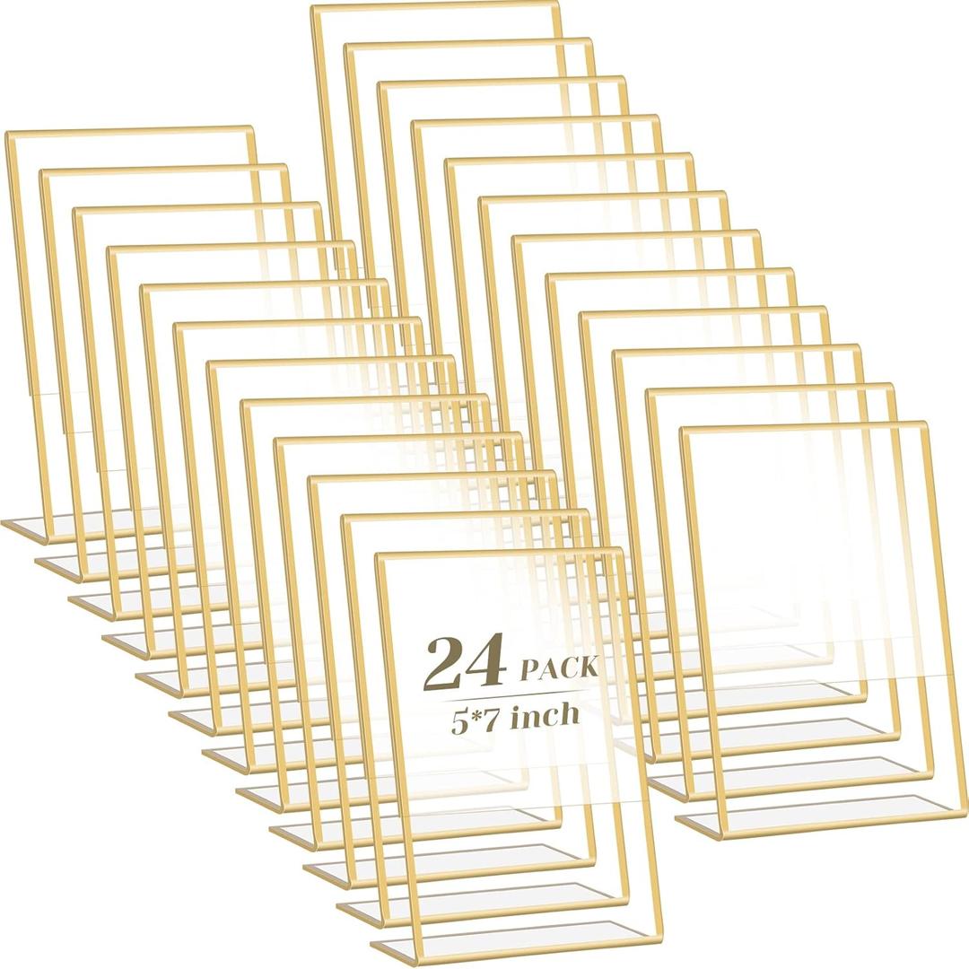 Yulejo 24 Pack Wedding Gold Picture Frames Bulk 5 x 7 Inch Acrylic Sign Holder Clear Double Sided Table Number Menu Holders Desktop Stands for Wedding Office Restaurant Art Photo Flyer Display