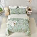 QSH 100% Cotton Oversized King Quilt Bedspread Bedding Set(128"x120"),3Pcs Extra Wide Green Floral Quilt Flower Bird Butterfly Printed Bedspread Coverlet Oversized King Lightweight Soft Bedding Set