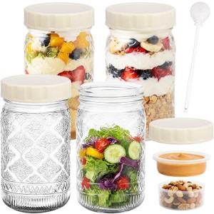STARSIDE 4 Pack Glass Salad Jars with Plastic Lids Meal Prep, 32oz Mason Jars with Dressing Container, Leakproof Portable Salad Container for Lunch, Wet/Dry Separation Salad Pod for On-the-Go Meals