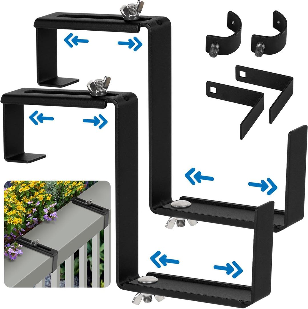 Adjustable Planter Box Bracket, Black, 1 Pair - Hanging, Metal Alloy Steel Iron, Compact, No Drill, Fits 5-8.3 Inch Width, Suitable for Railings, Windows, Balconies, Fences