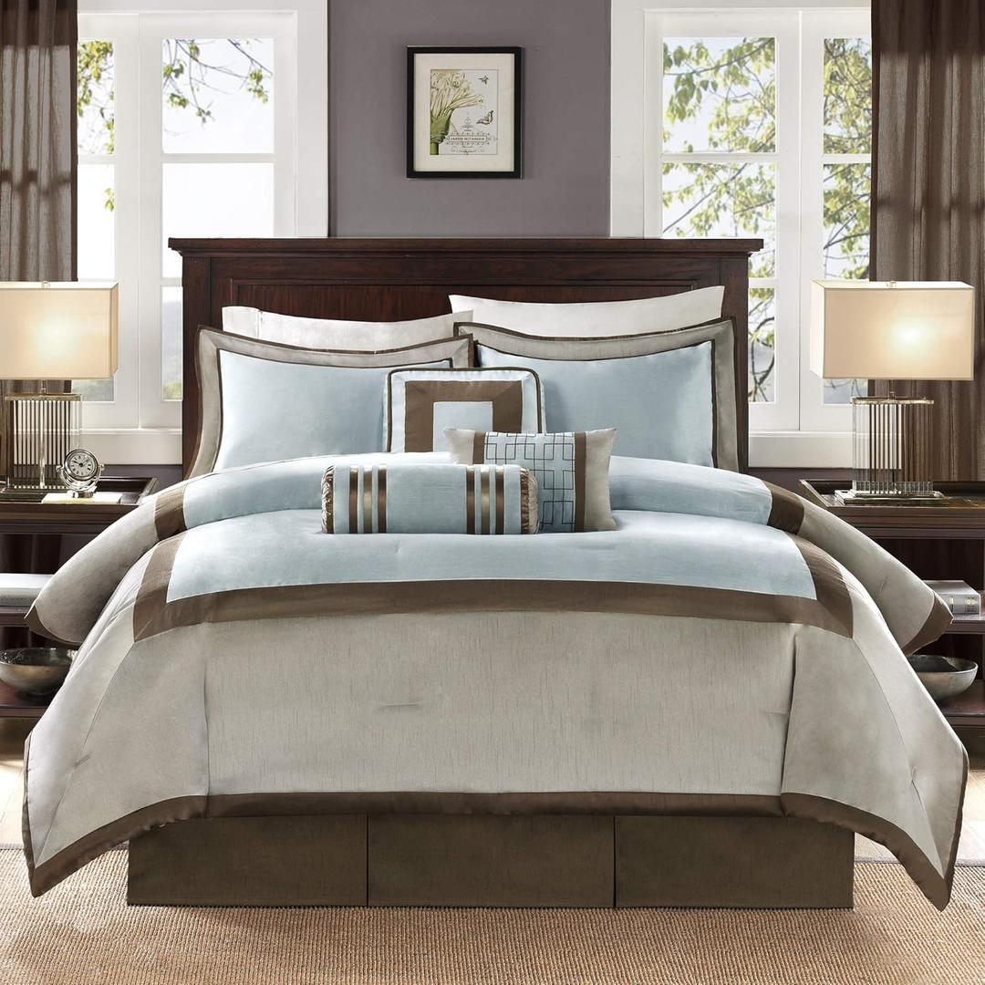 Madison Park Cozy Comforter Set-Deluxe Hotel Collection, All Season Down Alternative Luxury Bedding with Matching Shams, Decorative Pillows, Queen(90"x90"), Genevieve, Blue 7 Piece