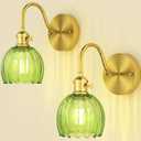 Vintage Tulip Green Glass Shade Hardwired Wall Sconce  2 Pack Brass Mid Century Light Fixture for Bedroom Living Room Dining Room Hallway