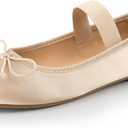 Trary Ballet Flats for Women Closed Round Toe Mary Jane Shoes Women Cute Bowknot Non-Slip Dressy Shoes Elastic Strap Comfortable Women's Flats for All-Year Daily Work Causal (7, Apricot)