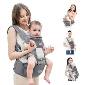 Baby Carrier with Hip Seat, 6 in 1 Baby Carrier Newborn to Toddler, Adjustable Infant Carrier with Hood, All Seasons & All Position Baby Holder Carrier for Breastfeeding (Grey upgrade)