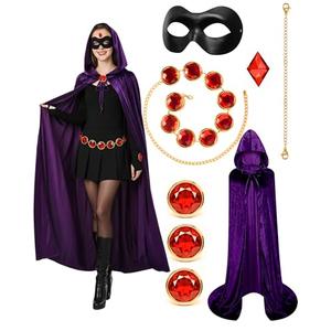 HRTELISI Raven Costume, Purple Hooded Cloak, Red Gem Belt, Waist Belt, Black Eye Mask, Womens Halloween Cosplay Set Fits All Body Types(80 to 260 Pounds) Size 130