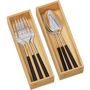 Kitchen Drawer Organizer Bins, Stackable Bamboo Deep Drawer Organizer for Silverware, Utensils, Cutlery, Flatware, Junk Drawer, Dresser, Bathroom, 9" x 3" x 2.5" (Set of 2)