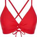 Twist Front Crisscross Back Bikini Top V Neck Self Tie Padded Swimsuit Bathing Suit Tops Only for Women (Red, L)