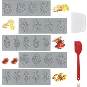 Set of 7 Leaf Silicone Fondant Molds with Dough Scraper Silicone Spatula, 3D Coral Branch Leaf Chocolate Molds, DIY Baking, Sugar Craft, Wax, Gum Paste, Cupcakes, Clay (Gray)