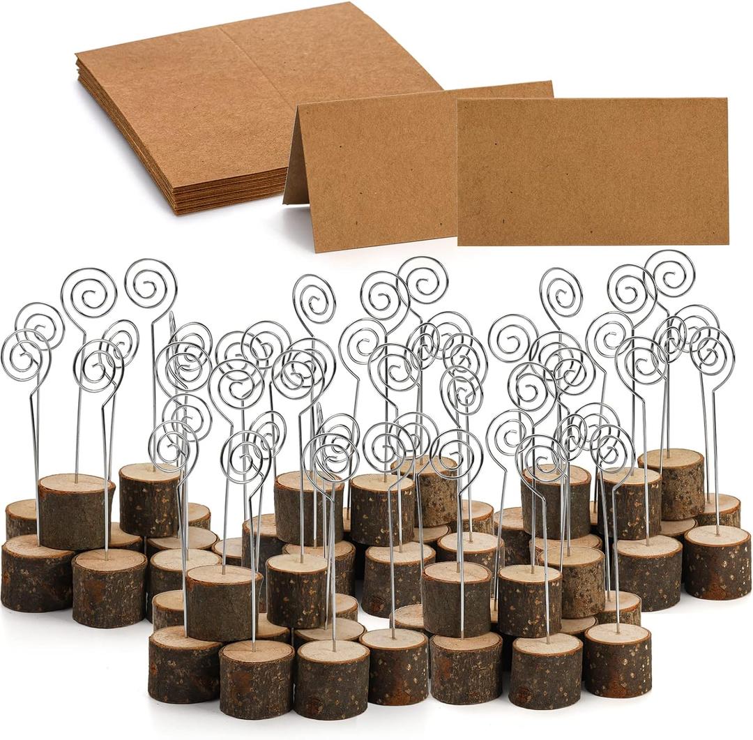 Tosnail 50 Pack Wooden Place Card Holders with 50 Kraft Paper Cards, Rustic Wood Table Number Stands Photo Holder - Spiral Wire