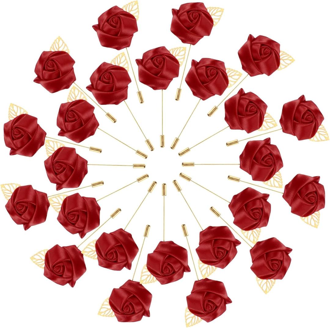 M METERXITY 48-Pack Flower Lapel Pins for Men, Golden Leaf Rose Boutonnieres Pin Groom Boutonnieres for Wedding/Dance/Party, Men Lapel Pins for Suits Satin Flower Corsage [Wine Red]