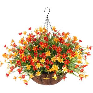 Artificial Spring Fake Flowers with Hanging Basket for Outdoor Summer Decoration, Fake Mums Silk Flowers UV Resistant Faux Flower Plants for Porch Patio Garden Balcony Outside Indoor Decor (Orange)