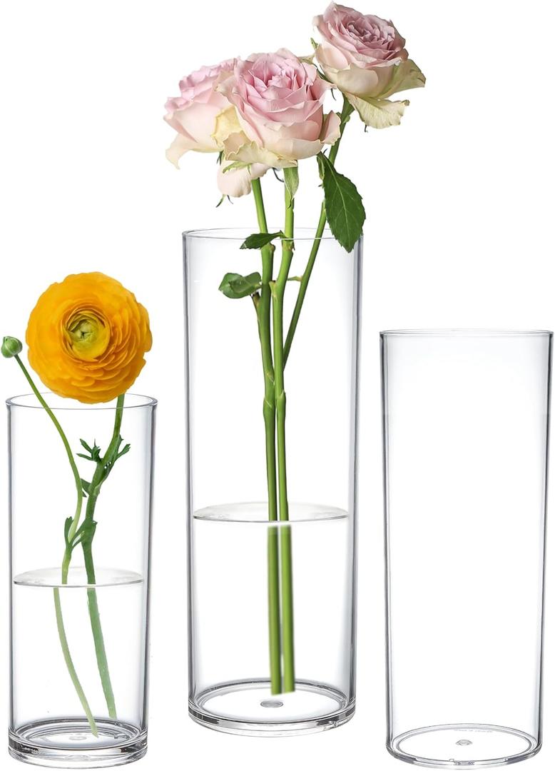 KLIFA- Carlsbad- Set of 3 pcs, 7, 9 & 10 Inch Tall, Plastic Cylinder Vases for Centerpieces, Acrylic Flower Vase for Wedding Centerpieces, Home Decorations, Clear