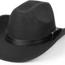 Western Cowboy Hat for Men Women Classic Roll Up Fedora Hat with Buckle Belt(Size:S-M) (Black With Band)