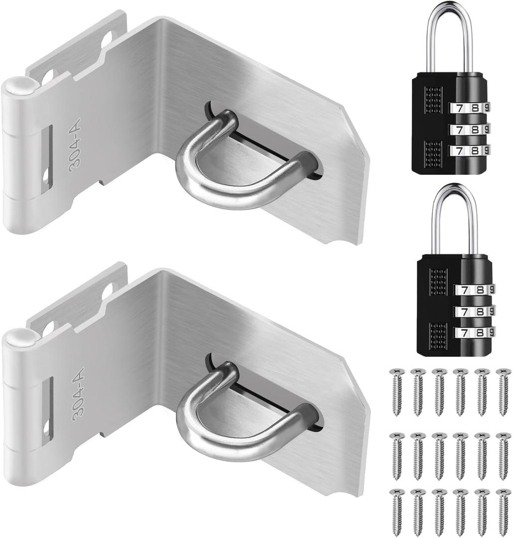 Tanbupu 2Pcs Door Locks Hasp Latch, 4 Inch 90 Degree 304 Stainless Steel Safety Packlock Clasp Hasp Lock Latch, Hinge Lock Padlock with Screws for Gates, Doors, Cabinets, Closets and More