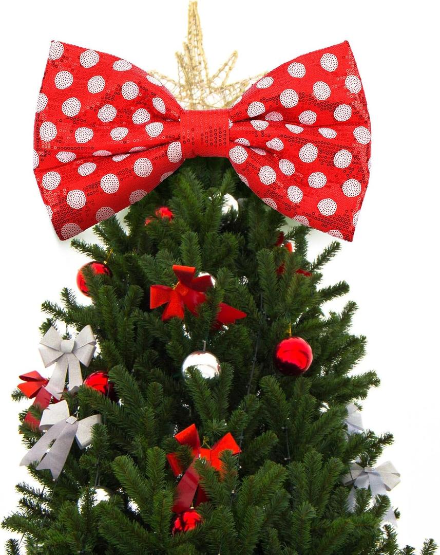 Red and White Christmas Tree Topper Bow Tree Topper 14x8'' Large Red and White Polka-dot Sequin Bow for Indoor Outdoor Christmas Decoration Xmas Party Favors Holiday Treetop Decoration