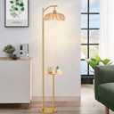 QIYIZM Gold Floor Lamp with Table and Shelves for Living Room Bedroom,Glass Standing Lamp with Remote Dimmable,Boho Brass Tall Lamp Vintage Farmhouse Arc Flower Floor Light Bohemian