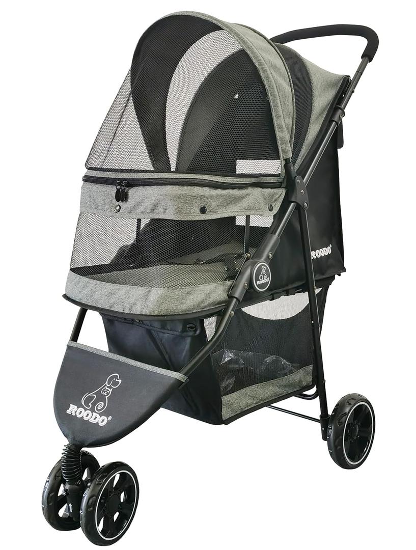 ROODO 3 Wheel Dog Pet Cat Stroller Best Lightweight Foldable Compact Portable Jogger All Terrain Travel Pet Gear Puppy Kitty Stroller for up to 30lbs Medium Small Dogs and Cats (Cationic ash)