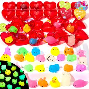 JOYIN 28 Packs Valentines Day Gifts for Kids, Glow Mochi Squishy Toys with Heart Funny Valentines Day Cards for Kid School Classroom Exchange Prize, Stress Relief Fidget Toy for Valentine Party Favor