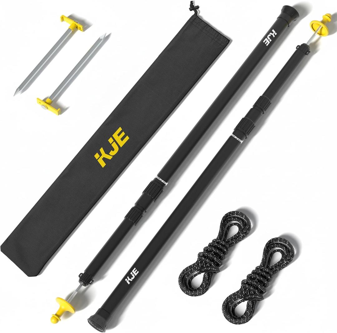 KJE 2 Pack Adjustable Heavy-Duty Tarp Poles, Camping Tent Poles Set with Ground Stakes & Guylines & Yellow Protection Caps, Aluminum Telescoping Pole(2.9ft to 8.7ft) for Outdoor Tarp Use
