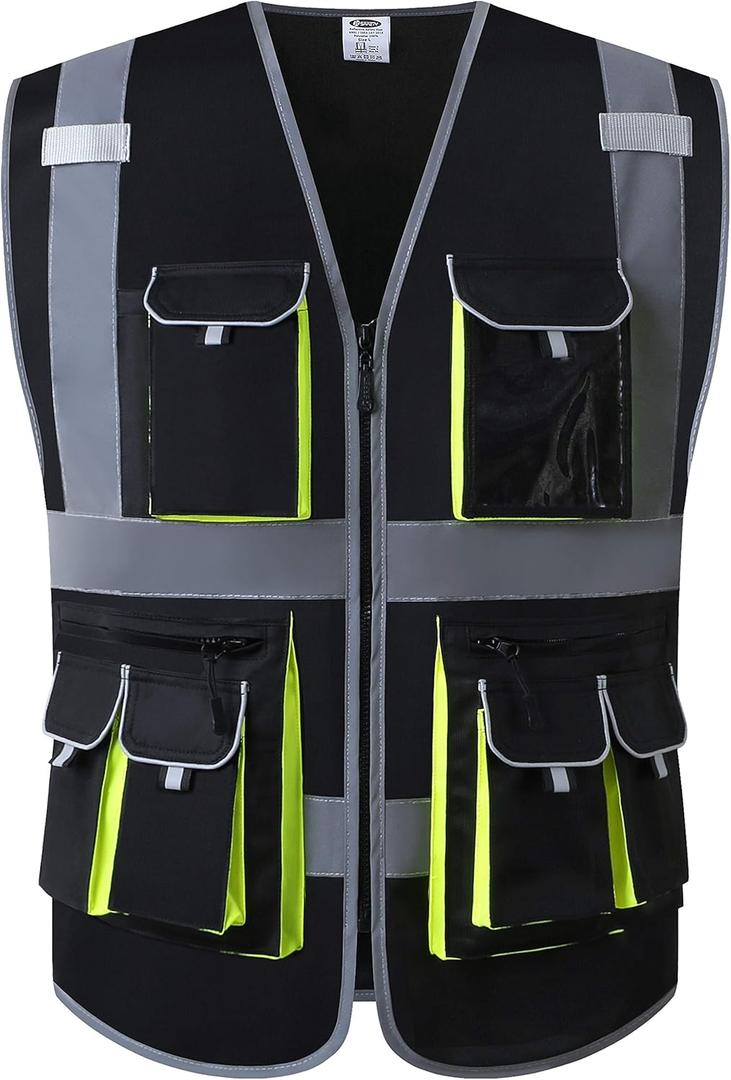 JKSafety 10 Pockets Black Color Safety Vest Zipper Front with High Reflective Strips Meets ANSI/ISEA Standards (88-Black, XX-Large)