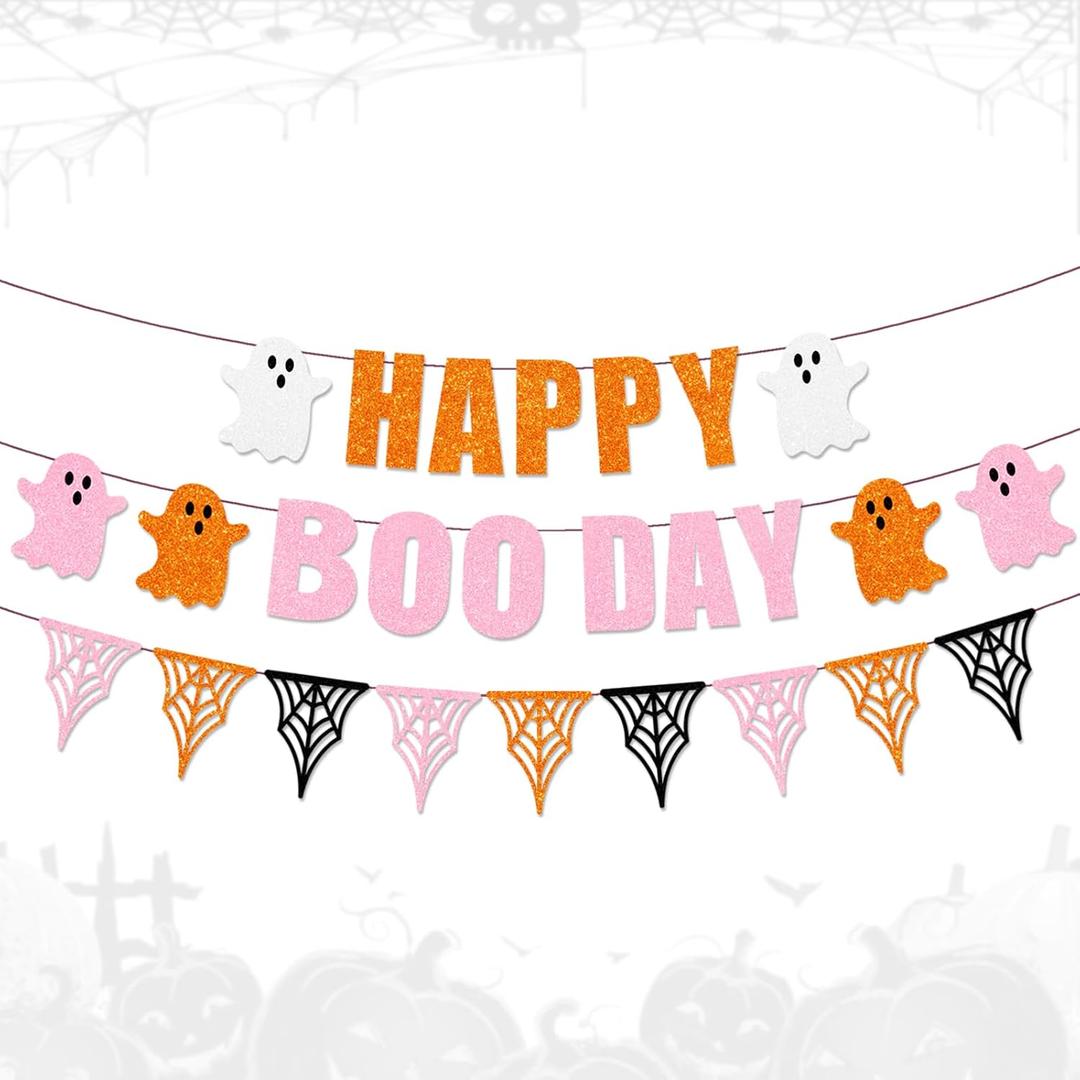 Happy BOO Day Banner, Pre-assembled Pink Ghost Birthday Decorations Glittery Halloween Party Supplies for Mantle Fireplace Girl Baby Shower