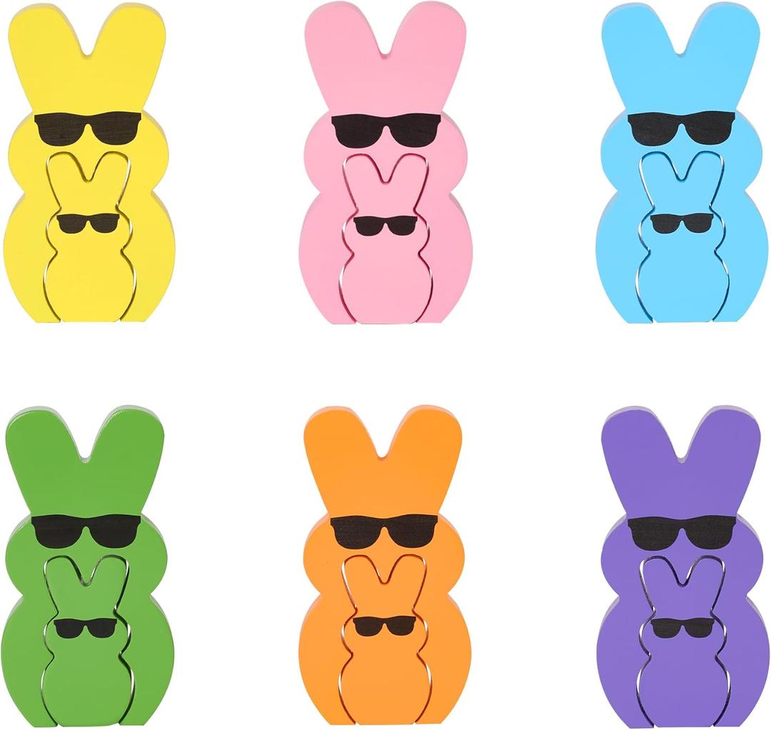 2 x Easter Decorations, 6pcs Wood Bunny Table Easter Dcor, Spring Rabbit Sign for Tiered Tray Home Decor