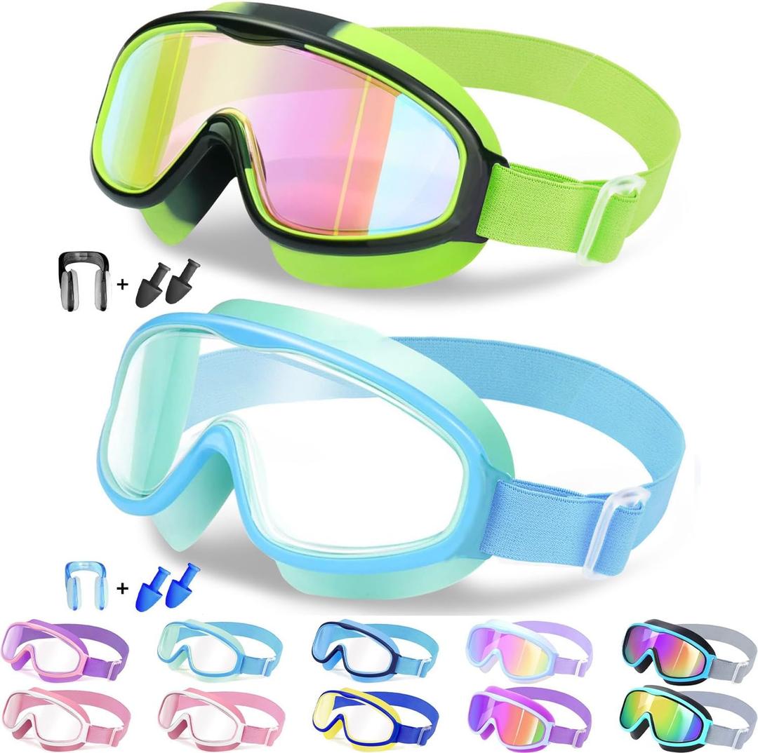 Vvinca Kids Goggles with Comfort Fabric Strap, Kids Swim Goggles Wide View Anti-Fog/UV No Leaking Swimming Goggles for 3-14 (01-green & Blue)
