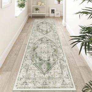 LIVEBOX Sage Green Runner Rug Non-Slip 2.5x8 - Oriental Bedroom Rugs Long Hallway Rugs for Home Decor, Low-Pile Vintage Carpet for Bathroom, Non-Slip Soft Carpet Throw Rug for Laundry Room